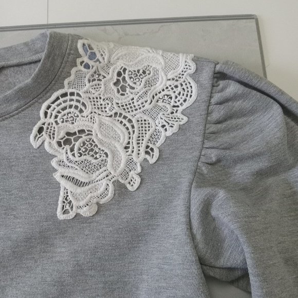 REBECCA TAYLOR (xs) LACE INSET cotton Sweatshirt Heather grey - Picture 7 of 12